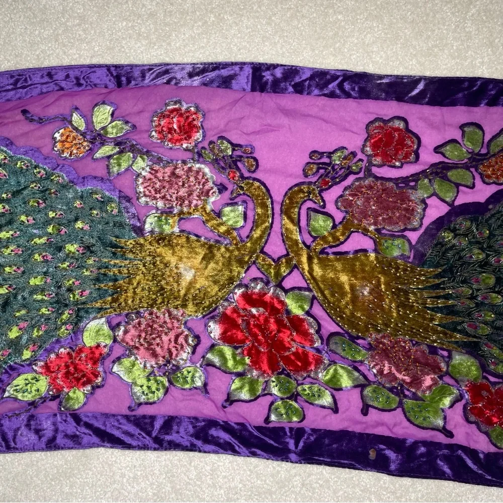 Peacock Velvet Silk Blend Burnout Wrap Scarf Shawl - beaded vintage purple - Picture 9 of 15